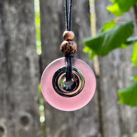 Artisan Jewelry - Hematite and Purple Sea Glass Pendant Handmade